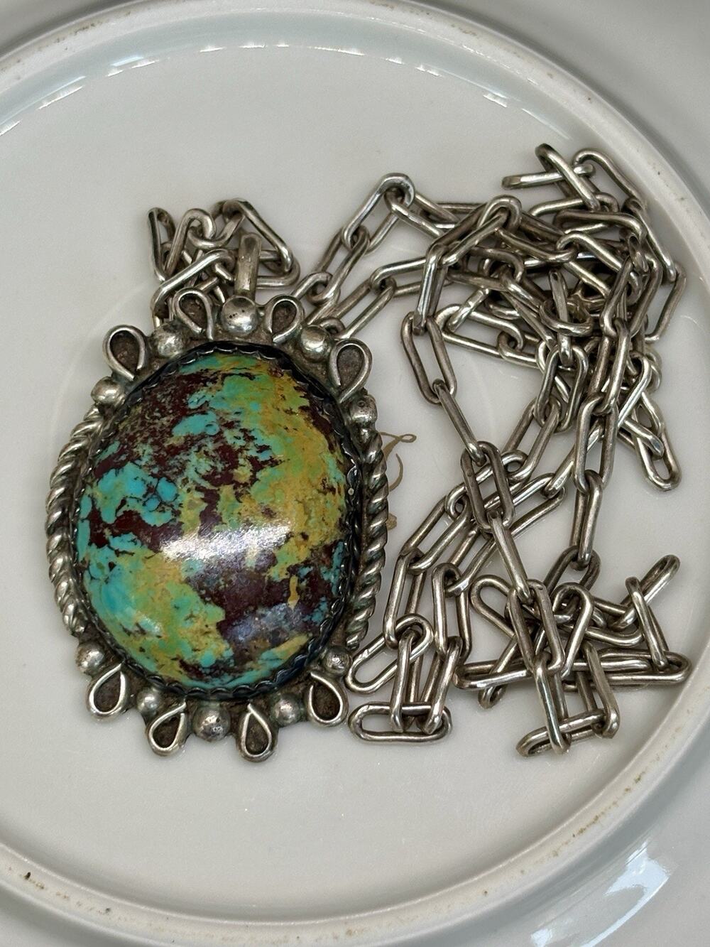 Vtg Navajo Sterling Coin Silver Ray Fierro Bisbee Turquoise Chain Link Necklace